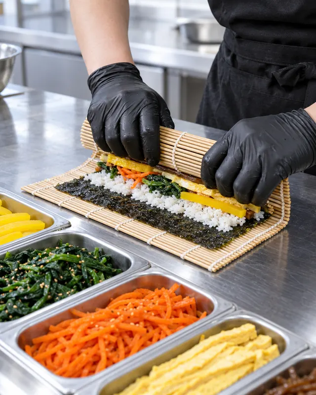 김밥 재료를 놓고 김밥을 마는 손 (가상 사진)