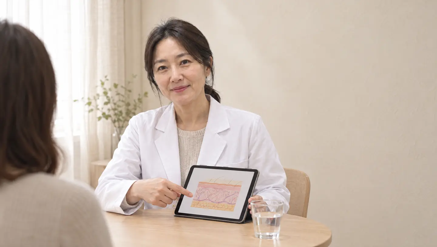 원장이 환자와 피부 상태를 함께 살피는 가상 상담 장면