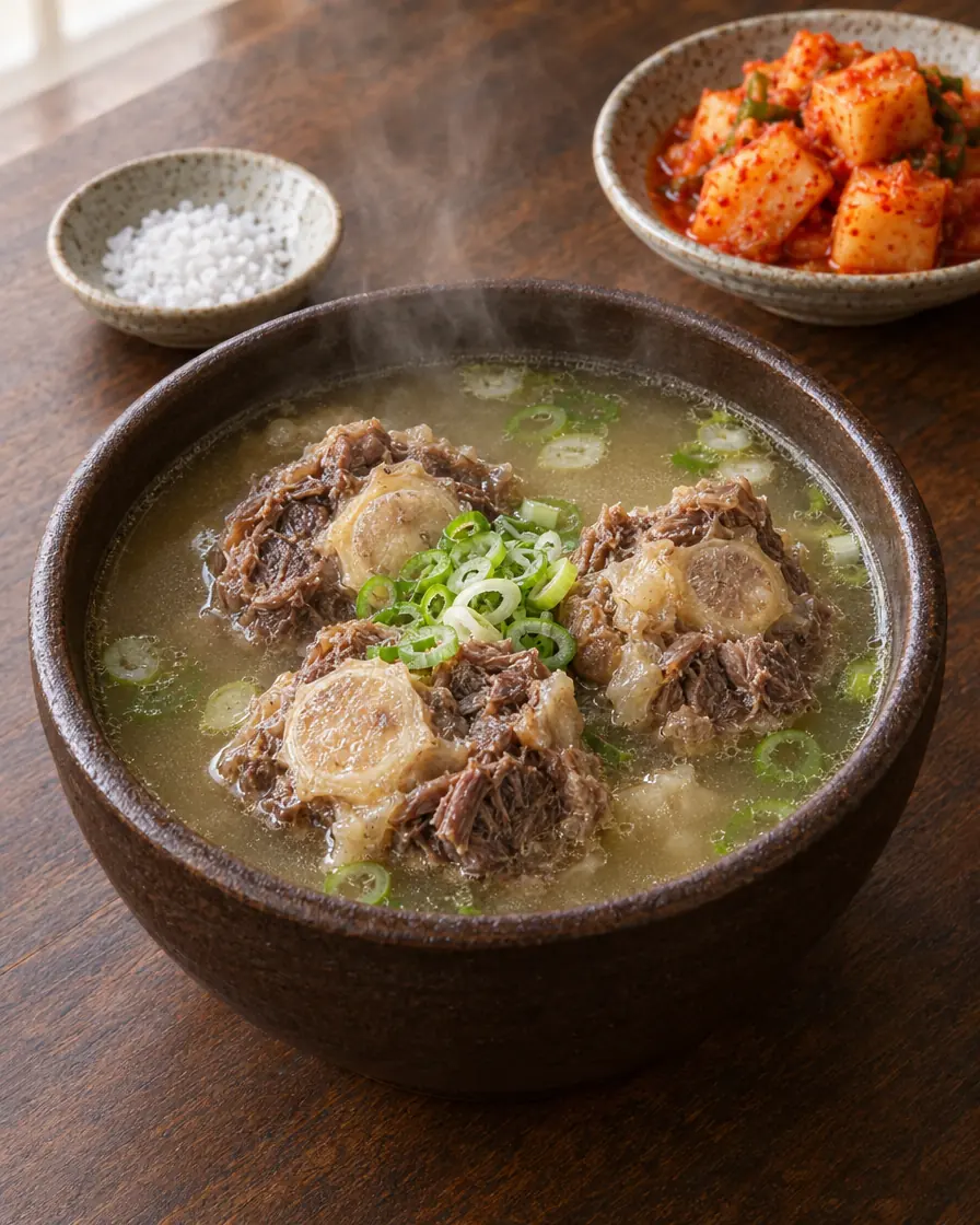 꼬리 세 토막이 든 맑은 꼬리곰탕과 굵은소금