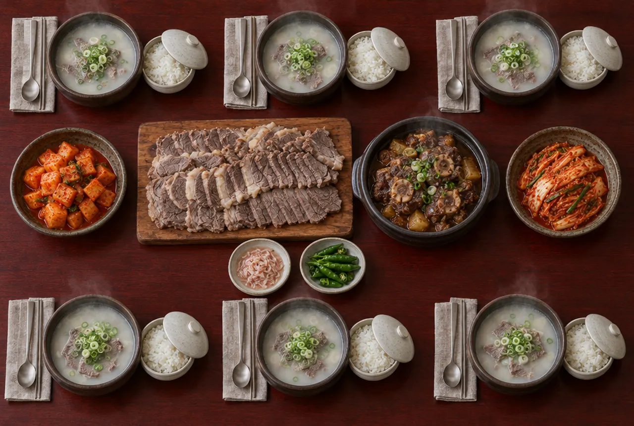 수육과 꼬리찜, 곰탕이 차려진 단체 상을 위에서 본 모습