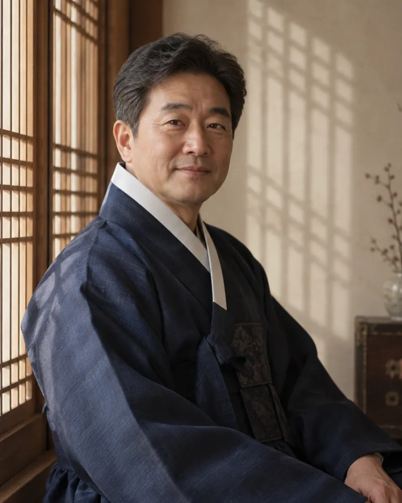 남색 한복을 입은 정년 기념 인물 사진 · AI 가상 사진